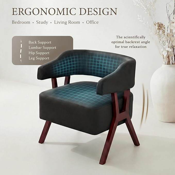 STHOUYN Leather Accent Chairs Barrel Chair with Solid Wood Frame Mid-Century Modern Wooden Armchair with Wraparound Back Comfy Office Reading Chair for Living Room Bedroom (1 Black)