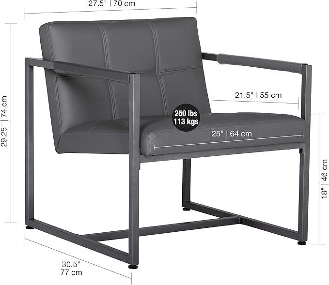 Studio Designs Home Modern Accent Chair Camber Mid-Century Pewter Grey Metal Frame &amp Smoke Bonded Leather