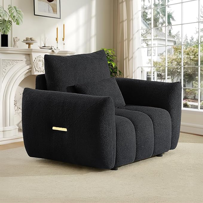 Modern Cloud Sofa Couch Set 2 Pieces Teddy Bouclé Couch and Loveseat Sets Tufted Upholstered Deep Seat Fluffy Comfy Couch Furniture Sets for Living Room Bedroom(Armchair+3 Seater Sofa Black)