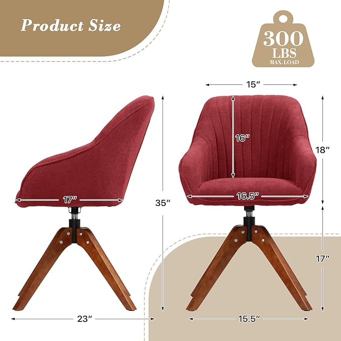 Athena Collection Swivel Modern Accent Chair Linen Upholstered Armchair Office Desk Chair No Wheels with Wooden Legs Comfy Vanity Chair Reading Chair for Bedroom Living Room Office Red