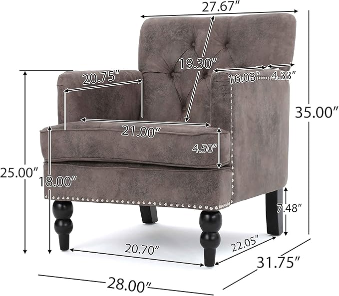 Accent ChairTufted High Back Single Sofa Chair With Naihead DesignUpholstered Chair with Arms And Cushion PaddedLiving Room Chair with Turned Legs for BedroomHome Office (Microfiber Grey+Brown)