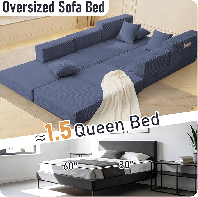 102 Upgraded L-shaped Modular Sectional Couches for Living Room Convertible Oversized Sleeper Sofa Bed-Luxury 1.5 Queen Bed. 11-in-1 Multifunctional Corduroy Boneless Folding Futon Couch Blue.