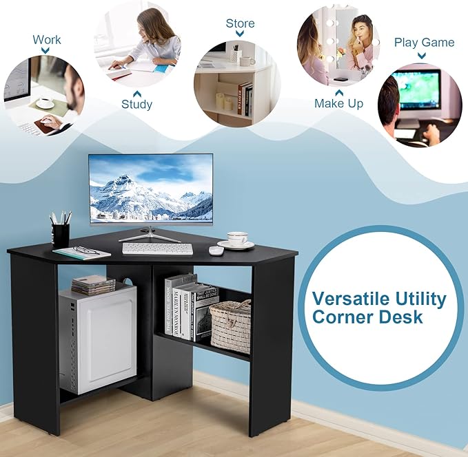 LDAILY Corner Desk Space Saving 90 Degree Triangle Computer Desk with Storage Shelves &amp Cable Holes Wood Compact Corner Writing Table for Small Spaces Home Office Bedroom &amp Living Room Bl