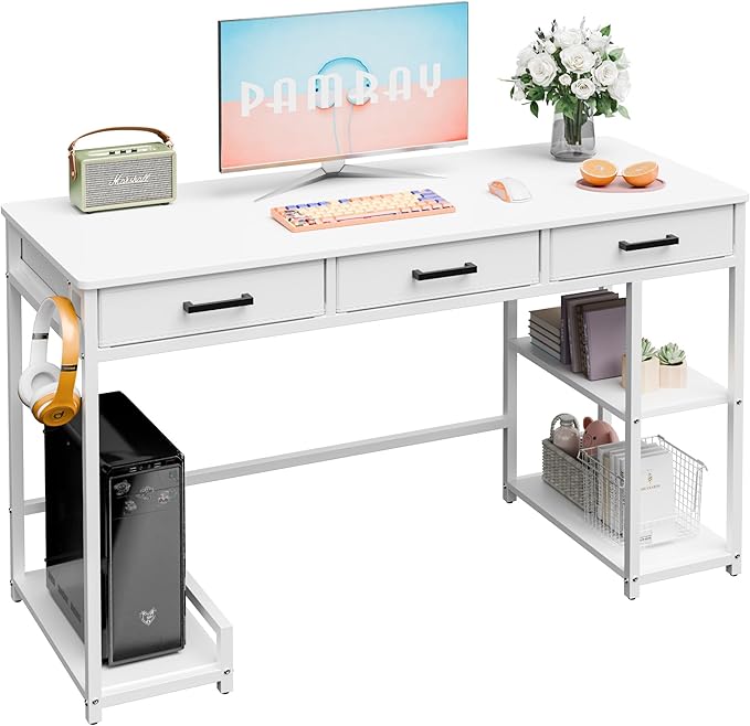 Shahoo Home Office Computer Desk with Drawers &amp Storage Shelves 47.2 Modern Writing Table White
