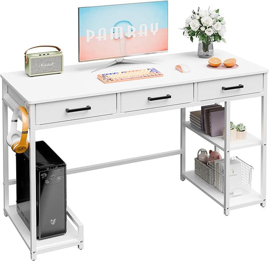 Shahoo Home Office Computer Desk with Drawers &amp Storage Shelves 47.2 Modern Writing Table White
