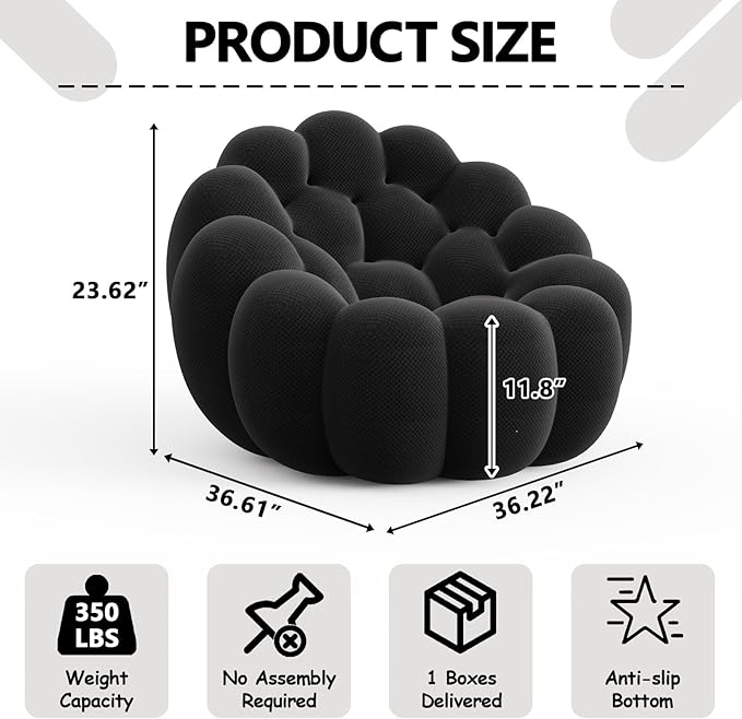 36 Oversized Bubble Chair Upholstered Mesh Fabric Bubble Sofa Couch &amp Floor Lounge Chair with 3D Honeycomb Design for Living Room Office Apartment Small Space - No Assembly Required (Black)