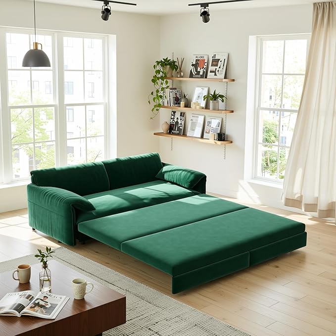 Homy Casa 66 3-in-1 Convertible Sofa Bed Queen Size Pull-Out Bed with Side Storage Velvet Loveseat Modern Sleeper Sofa for Living Room Office or Guest Room (Green)
