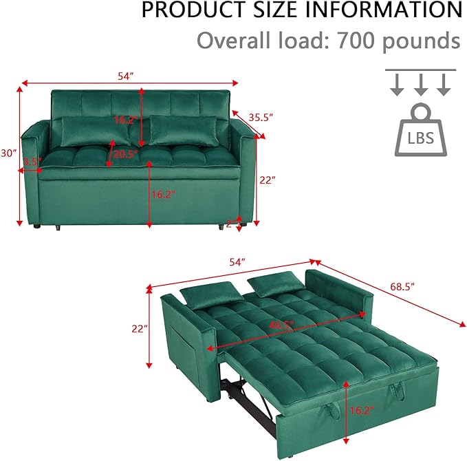 54 Convertible Sofa Bed Velvet Sleeper Sofa with Pull-Out Bed 3-in-1 Futon Couch with Reclining Backrest and Side Pocket Modern Loveseat for Living Room (Dark Green)