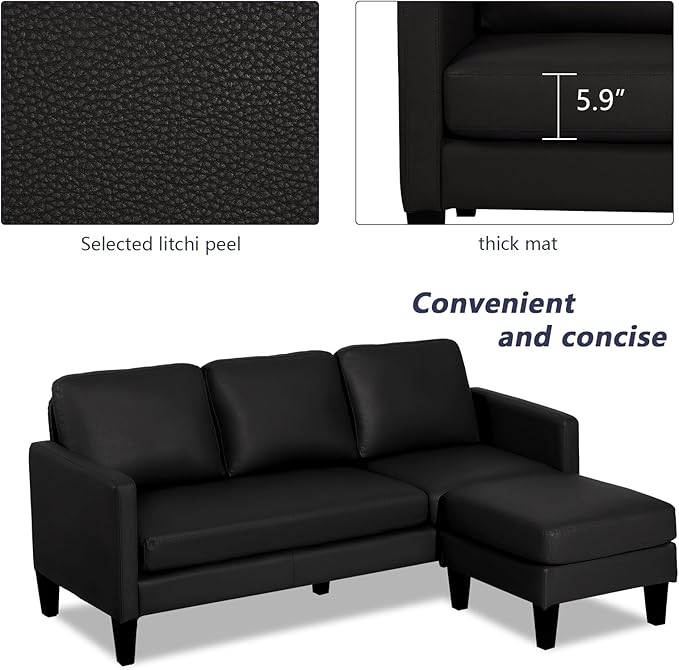 Grepatio Faux Leather Sectional Sofa with Reversible Chaise L Shaped Sofa Set 3 Seater Convertible Couch for Small Spaces Apartment (Black)