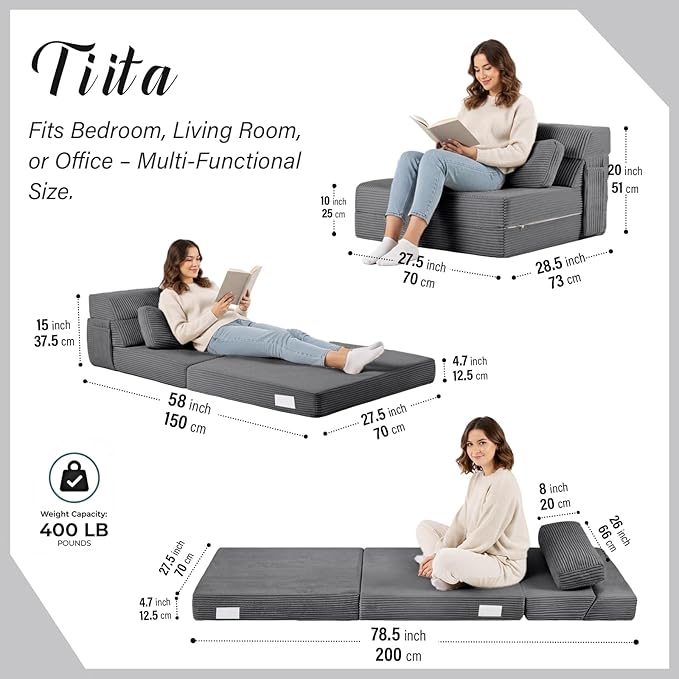 Tiita Folding Sofa Bed with Pillow Memory Foam Fold Out Chair Bed Single Size Convertible Chair Floor Couch &amp Sleeping Mattress Foldable Sleeper Sofa Bed for Guest Room Living Room Grey