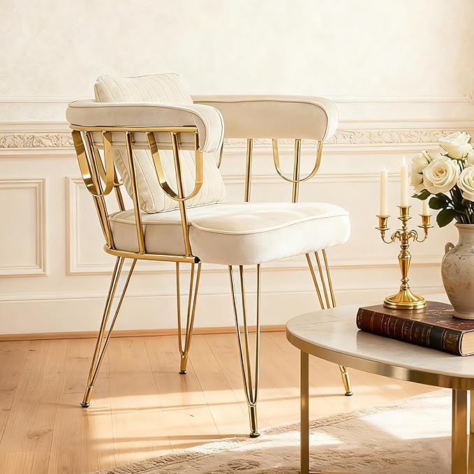 Set of 2 Vanity Chair with Back Velvet Upholstered Accent Makeup Chairs No Wheels with Golden Legs for Modern Glam Living Room Bedroom Home Office Nail Spa Girls &amp Women Beige