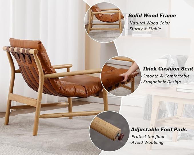 Mid Century Modern Sling Accent Chairs Set of 2 Faux Leather Living Room Chairs with Solid Wood Frame Comfy Upholstered Single Sofa Armchair for Lounge/Bedroom/Reading Brown