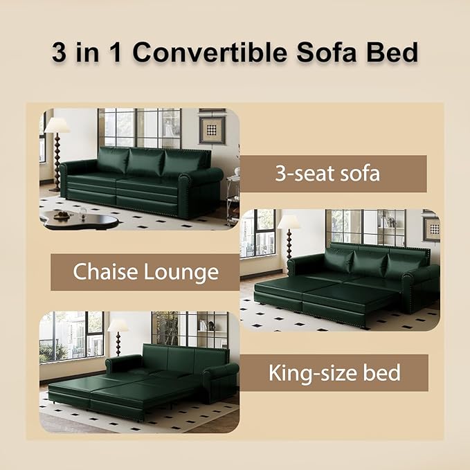 JOYBASE Pull Out Sofa Bed King-Size Convertible Sleeper Sofa Modern 3-Seater Faux Leather Couch with Nailhead for Living Room Office Apartment (Green)