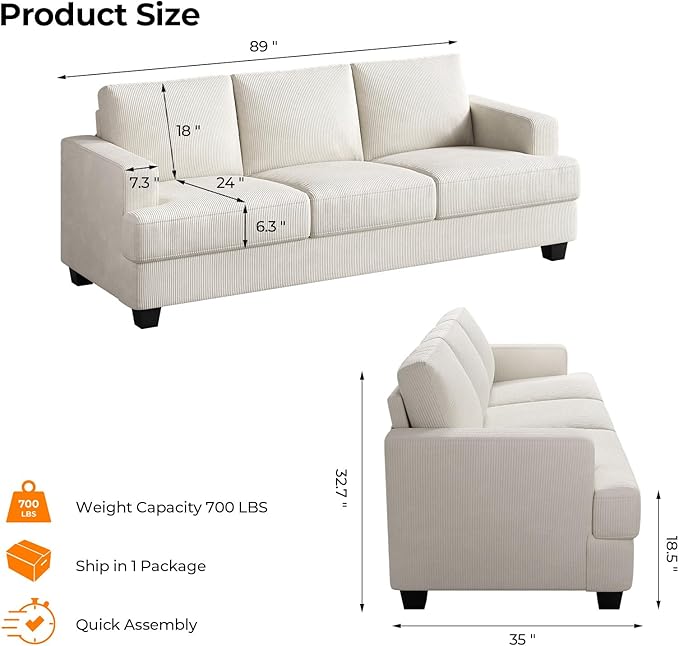 Fadware Sofa Couch 3 Seater Sofa with Suppleness Armrests Fabric Deep Seat Sofa with Upholstered Cushion&amp Backrests Modern Comfy Couch for Living Room Apartment