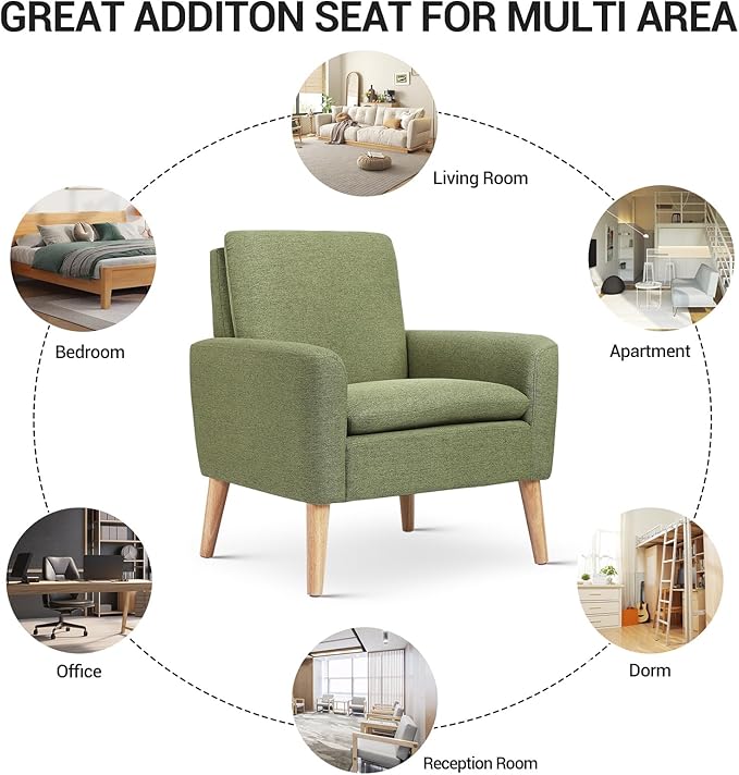 Lohoms Accent Chair Set of 2 Living Room Mid-Century Modern Chair Upholstered Fabric Comfy Club Armchair Pair of Leisure Sofa Chairs for Bedroom Small Apartment Office Green