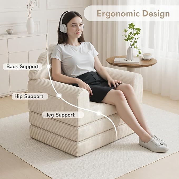 2-in-1 Folding Sofa Bed with Back Support 75 D x 34 W Convertible Futon Sleeper Chair for Adult Fold Out Bean Bag Floor Foam Lounger Couch for Living Room Bedroom Small Space Beige