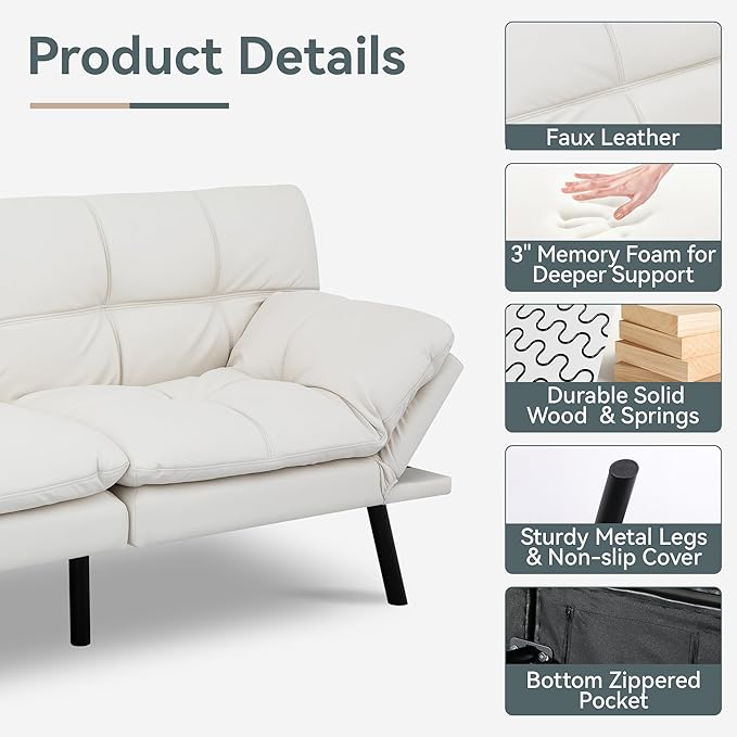 Futon Sofa Bed Convertible Couch White Faux Leather Sofa Bed with Memory Foam Adjustable Backrest &amp Armrests Multifunctional Small Loveseat Sleeper Sofa for Living Room Apartment Office