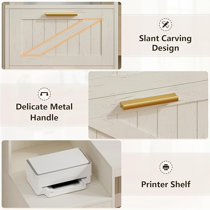 63 Farmhouse L Shaped Executive Desk with Drawers &amp Storage Shelf Corner Computer Desk with Power Outlets L Shaped Office Desk with Monitor Stand Printer Shelf White