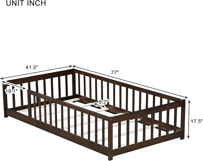 Bellemave Twin Floor Bed with Slats and Safety Guardrails Twin Size Montessori Floor Bed with Fence and Without Door Easy Assemble Montessori Beds Frame for Girls Boys Pink Espresso