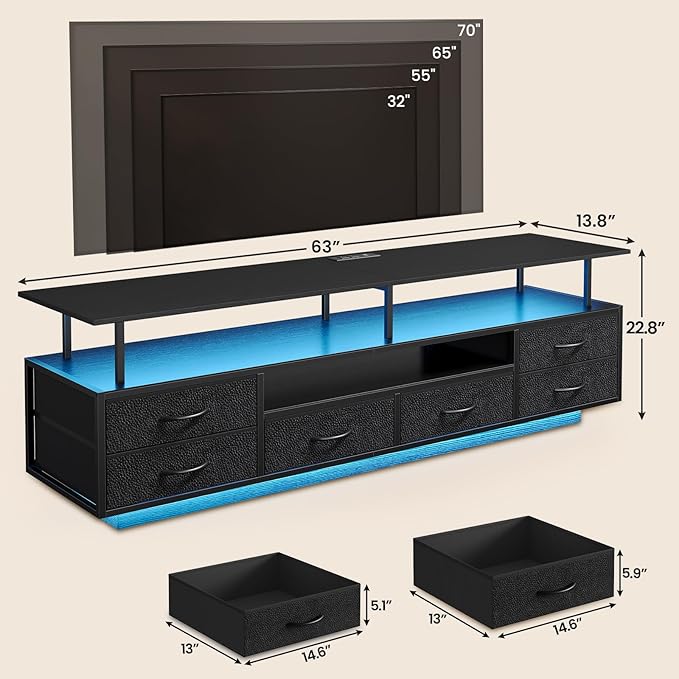 BTHFST TV Stand for 65 70 Inches TV with LED Lights &amp Power Outlets Entertainment Center with Open Shelves &amp 6 PU Fabric Drawers TV Media Console Table for Living Room Bedroom Black