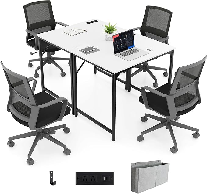 32 Inch Computer Desk Set of 2 Modern Writing Desk with Heavy-Duty Metal Frame Storage Bag &amp Charging Station Rectangular Home Office Workstation Table for Conference Study &amp Meeting Room