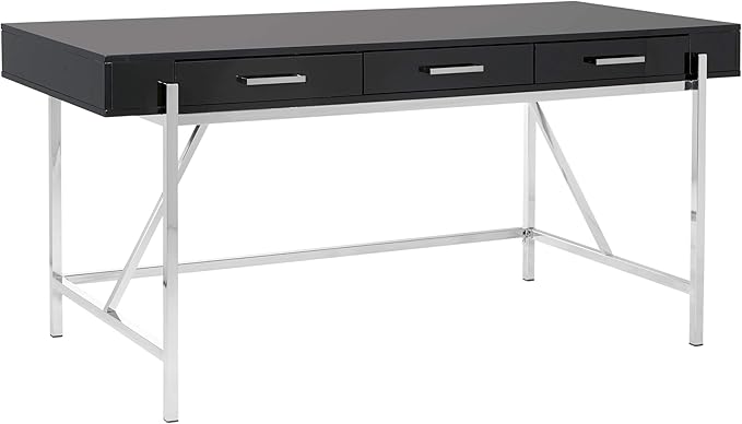 OSP Home Furnishings Broadway Modern Executive Desk with 3 Drawers and Charging Station Black Gloss Finish with Chrome Frame
