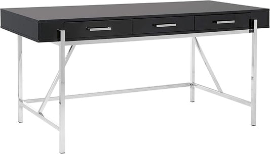 OSP Home Furnishings Broadway Modern Executive Desk with 3 Drawers and Charging Station Black Gloss Finish with Chrome Frame