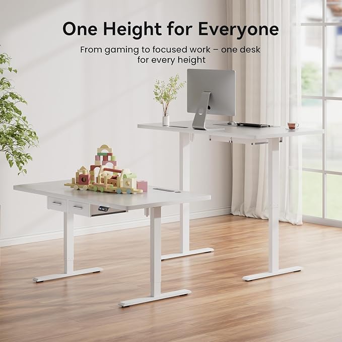 HLDIRECT Electric Standing Desk 47 x 31.5 Inches Height Adjustable Table with Outlets Sit Stand Computer Desk with Drawers for Home Office Ergonomic Rising Workstation White