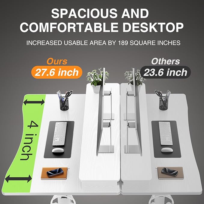Veken 47.2×27.6 Home Office Standing Desk with Monitor Riser Adjustable Computer Desk with Drawers Ergonomic Desk for Work Study Gaming Crafting White