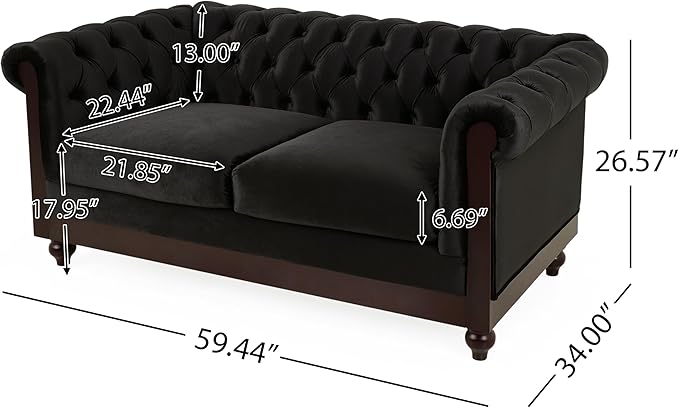 LUMISOL 59 Chesterfield Loveseat with Rolled Arms Modern Velvet Sofa 2-Seater Tufted Couch with Nailhead and Solid Wood Legs for Living Room Bedroom Office Black
