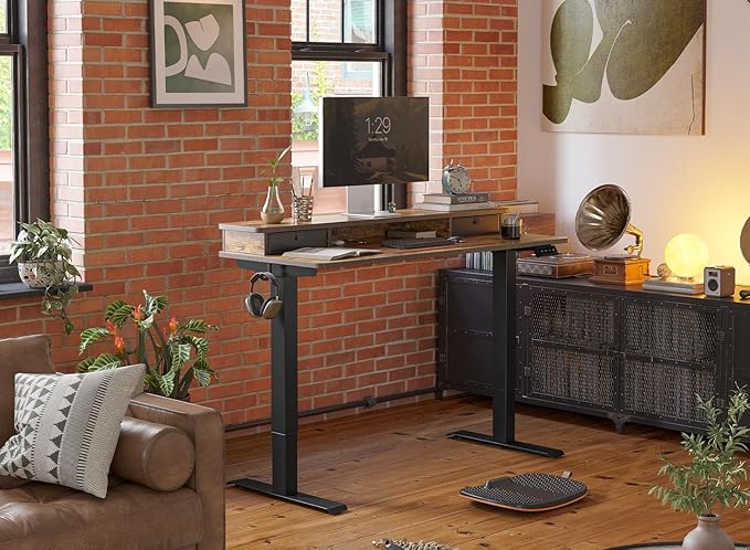 FEZIBO 40 x 24 Inch Height Adjustable Electric Standing Desk with Double Drawer Stand Up Desk with Storage Shelf Sit Stand Desk Rustic Brown