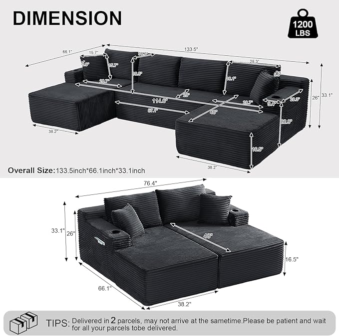 134 Inch U-Shaped Sectional Couch Oversized Modular Corduroy Sofa with 2 Chasies 4-Seater Modern Deep Seat Boneless Cloud Couch for Living Room No Assembly Required Dark Gray