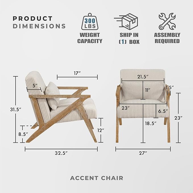 Lexicon Mid Century Modern Accent-Chair with Lumbar Pillow Brown Solid Wood Frame Comfy Corduroy Upholstered Lounge Arm Chair for Living Room/Bedroom/Office/Reading Nook Assembly Required Beige