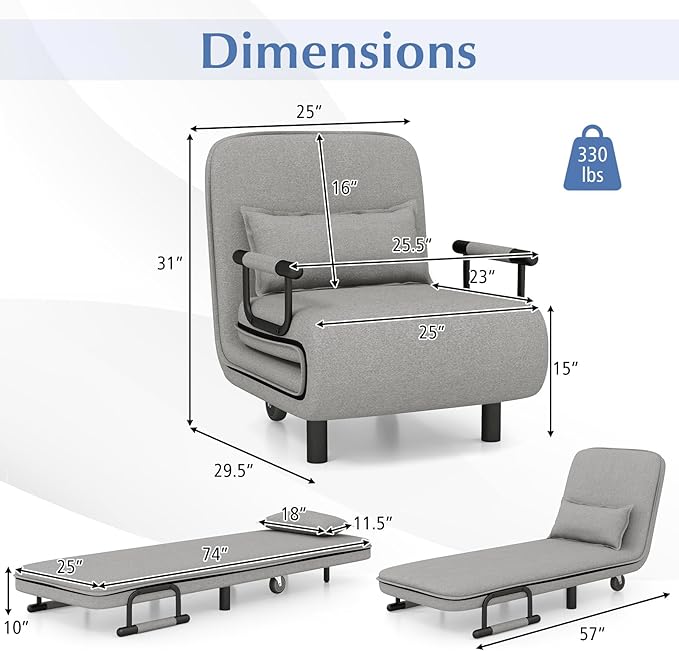 Giantex 26.5 Convertible Sofa Bed Folding Arm Chair Sleeper Leisure Recliner Lounge Couch (Light Gray)