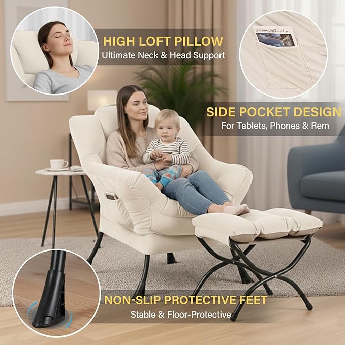 Lazy Chair and Ottoman Large Velvet Beige Accent Chair with a Side Pocket Modern Leisure Upholstered Reading Armchair with Footrest for Office Bedroom Living Room Dorm Rooms Balcony