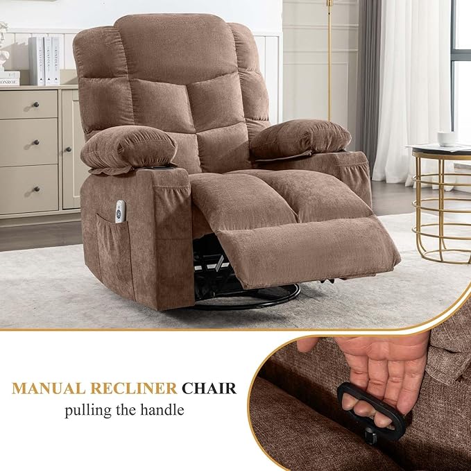 360° Swivel Recliner Chair with Lumbar Heating and Storage Side Pocket Oversized Adult Massage Rocking Chairs with USB &amp Cup Holders Ergonomic Single Sofa Chair for Living Room (Brown)
