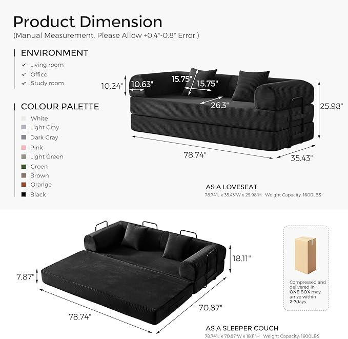 79 Convertible Sofa Bed with Fixed-Shape Frame &amp Removable Armrests Modular Corduroy Sleeper Sofa Folding Mattress Couch for Small Spaces - No Assembly Needed in Black (Includes 2 Pillows)