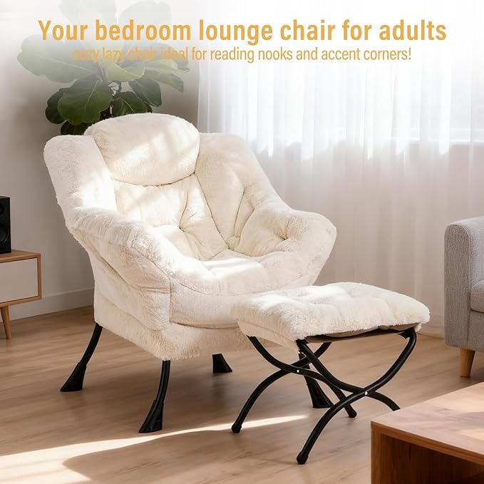 Lazy Chair with Ottoman Modern Accent Chair with Armrests and a Side Pocket Plush Beige Accent Chairs Reading Chairs Oversized Armchairs for Bedroom Study Living Room Courtyard
