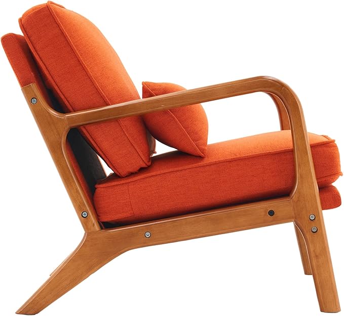 i-POOK Accent Chair Mid-Century Linen Fabric Upholstered Armchair with Pillow and Back Cushion Comfy Single Sofa Chair with Solid Wood Legs Reading Chair for Living Room Bedroom Office Burnt Orange