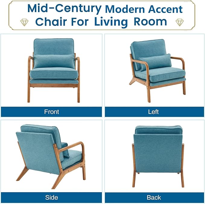 Accent Chair for Living Room Mid-Century Modern Upholstered Armchair with PillowReading Arm ChairComfy Accent Chair for Bedroom