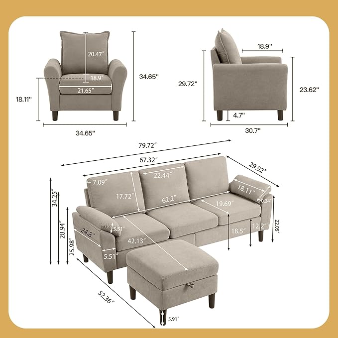 2 Piece Sectional Sofa Set for Living Room 79 Modern Linen Convertible L Shaped Couch with Movable Ottoman and Accent Chair Sectional Couches Beige