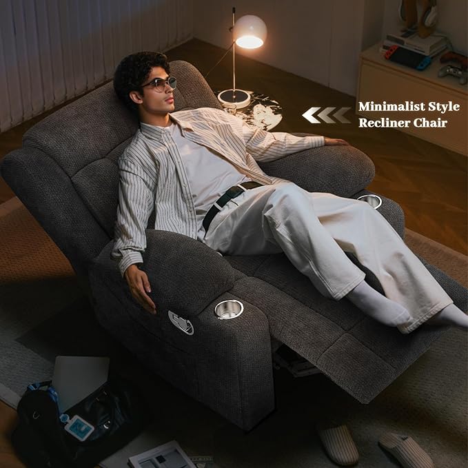 Recliner Chair for Adults Oversized Fabric Manual Pull Tab Reclining Chair with Cup Holders Minimalist Style Single Sofa for Living Room RV (Grey)