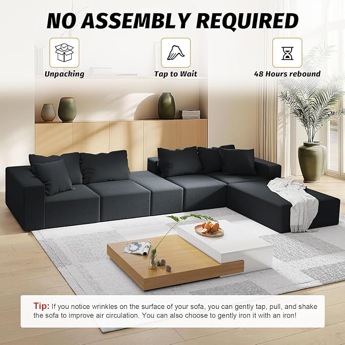 132'' Oversized Cloud Couch Sectional Modular Sectional Sofa with 6 Pillows Comfy Chenille L Shape Couch with 6 Deep Seat Convertible Sleeper Boneless Couches for Living Room No Assembly Black