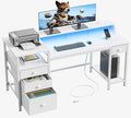 Furologee 60 White Office Computer Desk with 4 DrawersGaming Desk with LED Lights and Power OutletsLong Desk with Fabric File CabinetStudy Writing Work Table with Shelf for Bedroom Home Office