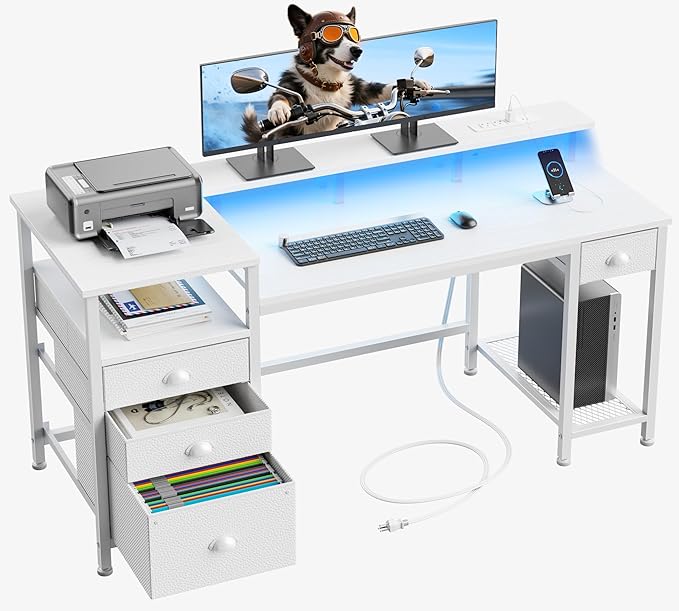 Furologee 60 White Office Computer Desk with 4 DrawersGaming Desk with LED Lights and Power OutletsLong Desk with Fabric File CabinetStudy Writing Work Table with Shelf for Bedroom Home Office