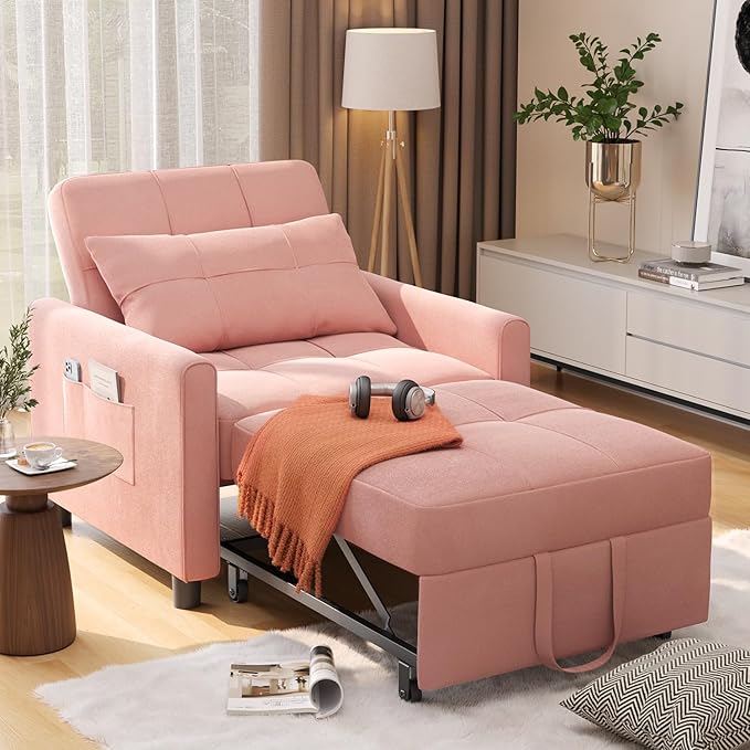 Aiho Convertible Sleeper Chair with Pillow &amp Pocket 3-in-1 Sofa Bed in Modern Linen Fabric for Apartment Pink