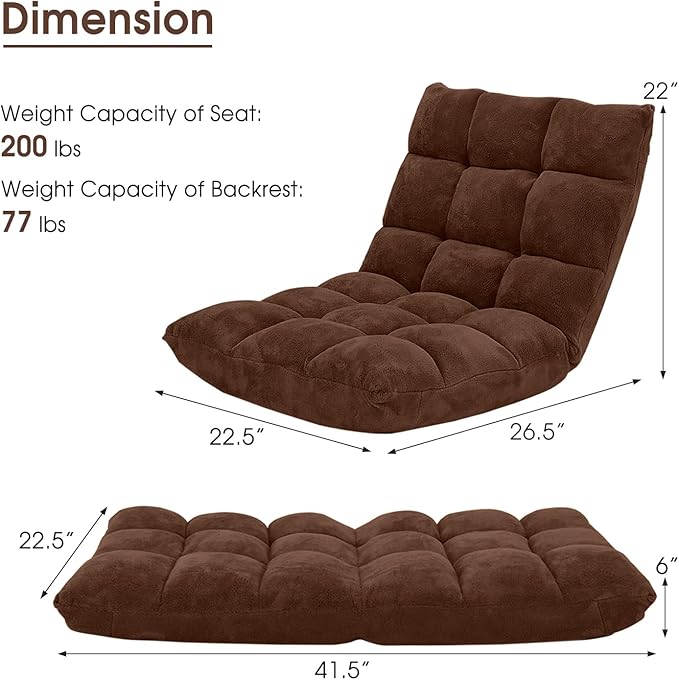 LDAILY 14-Position Floor Chair Adjustable Gaming Chair with Strong Back Support Padded Cushion Folding Couch Recliner Sofa Ideal for Floor Seating Reading Gaming(Coffee)