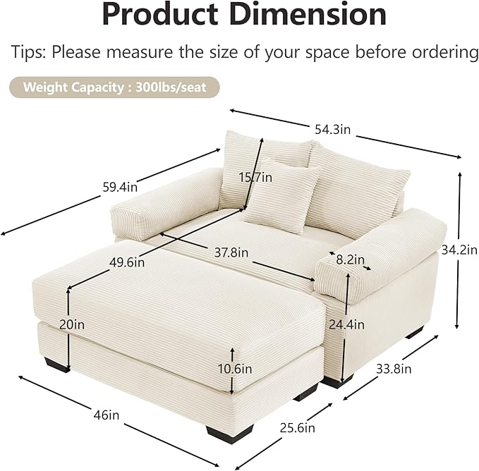 ERYE Modern Corduroy Upholstered Accent Chair and Ottoman Set Oversized Wider Seat Armchair Leisure Comfy Lounge Chaise with Removable CushionArmrests and 3 Pillows