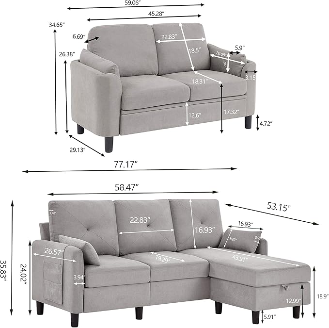 Convertible Sectional Sofa 3 Seater Sofa and Loveseat SetsModern L Shaped Couch with Reversible Chaise2 PCS Sofa Set Sectional Couch for Living Room Apartment Light Gray