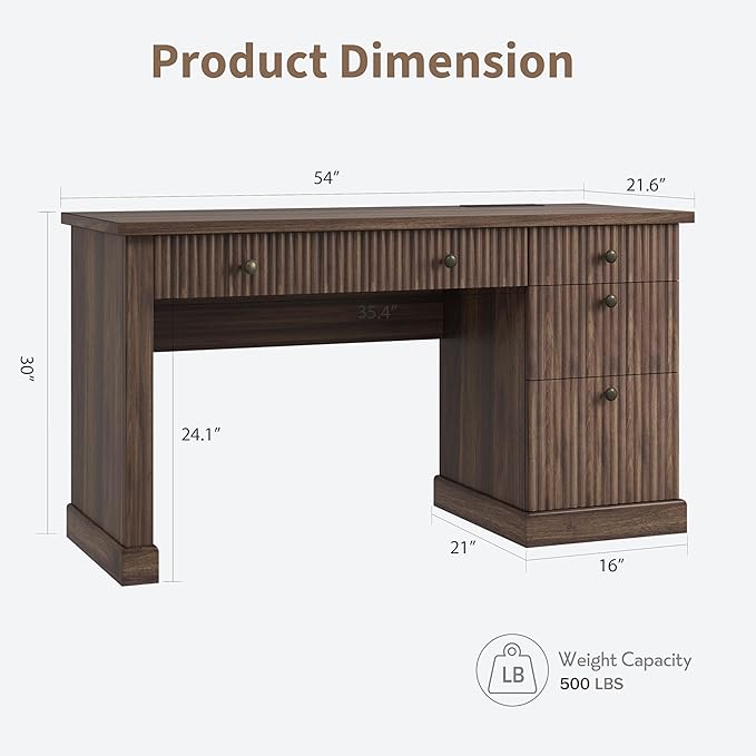 GAOMON 54'' Fluted Home Office Desk with Storage Modern Executive Desk with Charging Station Wooden Computer Desk with Drawers for Storage File Writing Desk for Study Living Room Bedroom